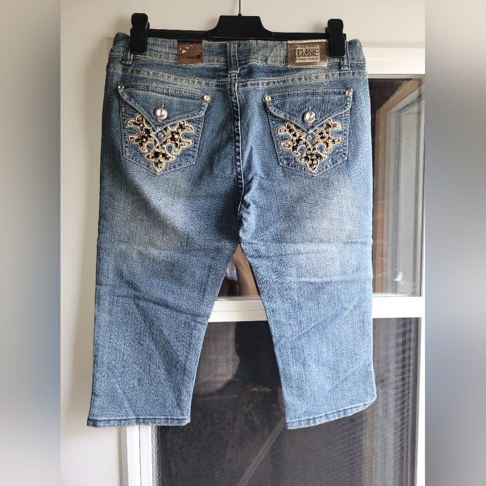 Women's Light Blue Denim Embellished Capris